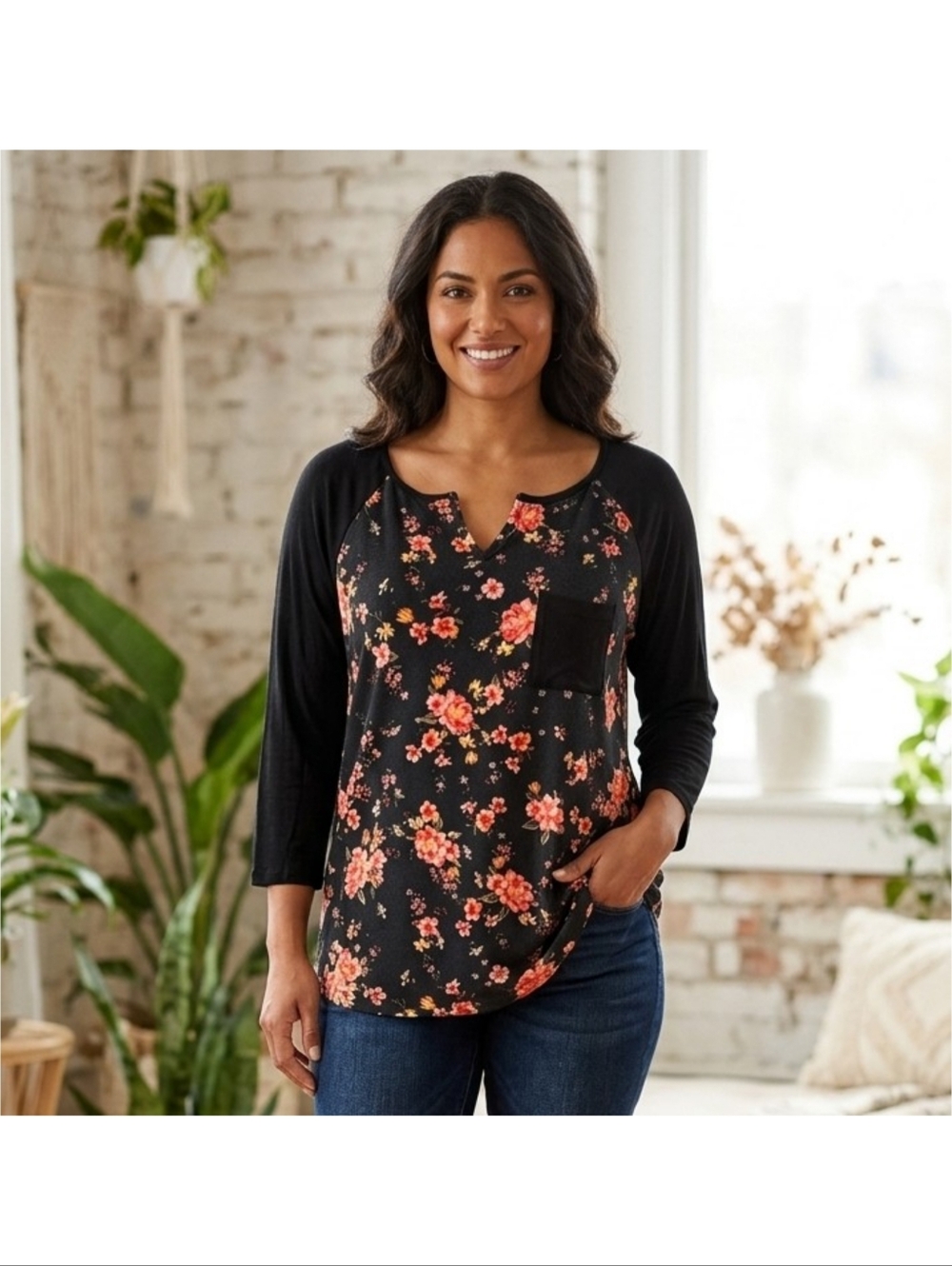 Self Esteem 3/4 sleeve Floral tee Black Size 1X